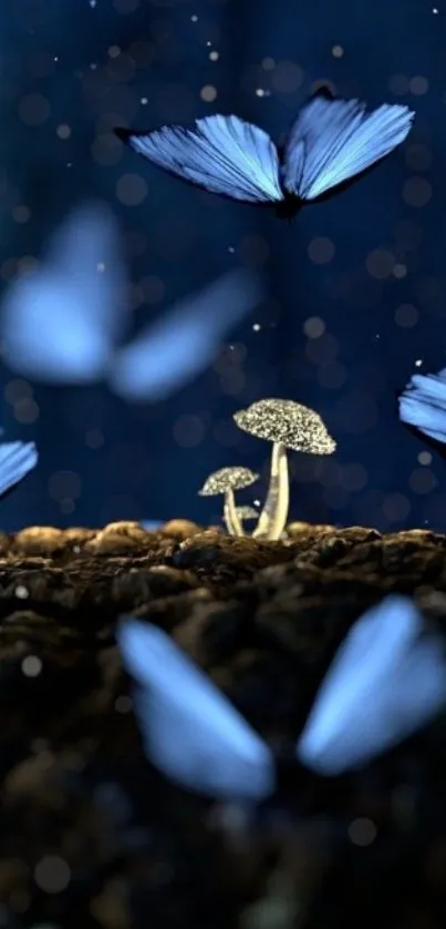 Ethereal blue butterflies over mushrooms.