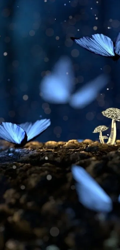 Blue butterflies fluttering over glowing fungi in a dark mystical forest.