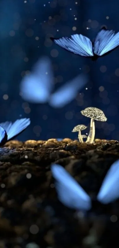 Mystical scene with blue butterflies and glowing mushrooms in a dark forest.