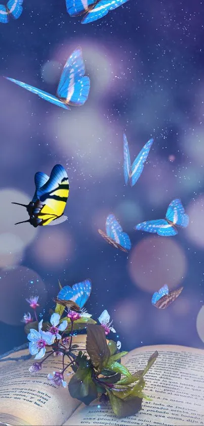 Blue butterflies flutter over an open book in a dreamy indigo scene.