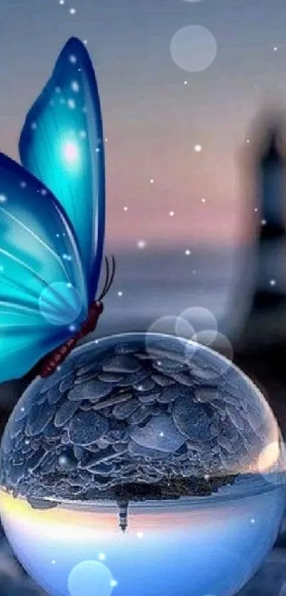 Enchanting blue butterfly on reflective marble with lighthouse in background.