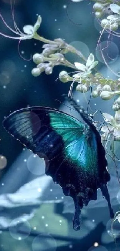 Blue butterfly rests on leaves in a serene, dreamy art scene.