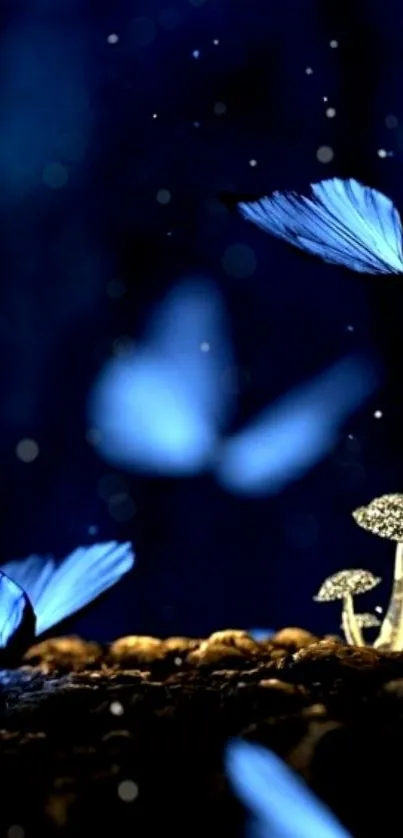 Magical scene with blue butterflies and glowing mushrooms at night.