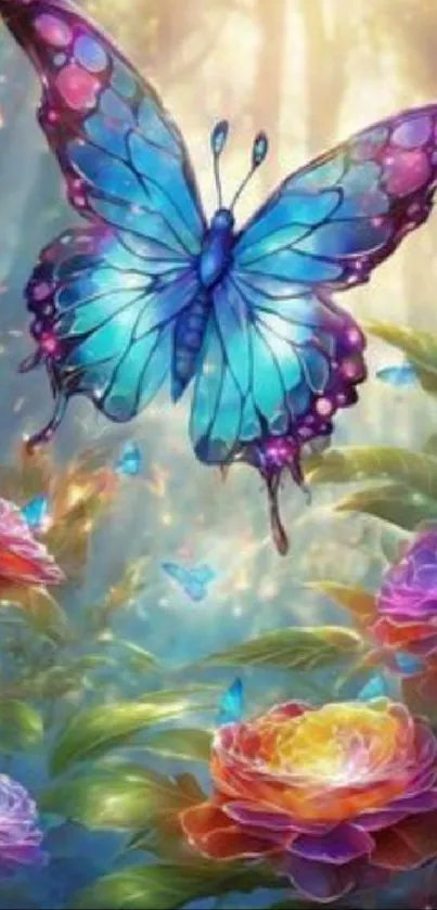 Enchanting blue butterfly on floral backdrop.