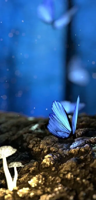 Blue butterflies illuminate a magical forest scene, creating a mystical atmosphere.