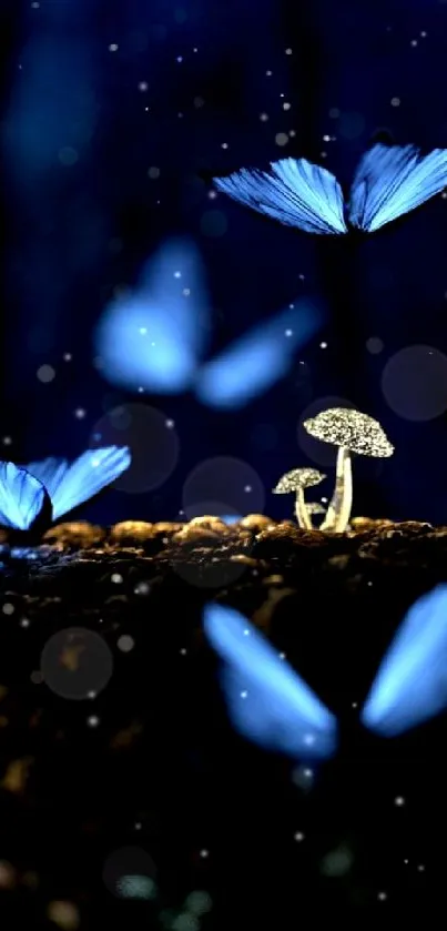 Magical blue butterflies flutter above mushrooms in a twilight forest.