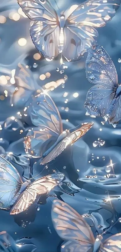 Blue butterflies flutter over glistening water, creating a serene and dreamlike scene.