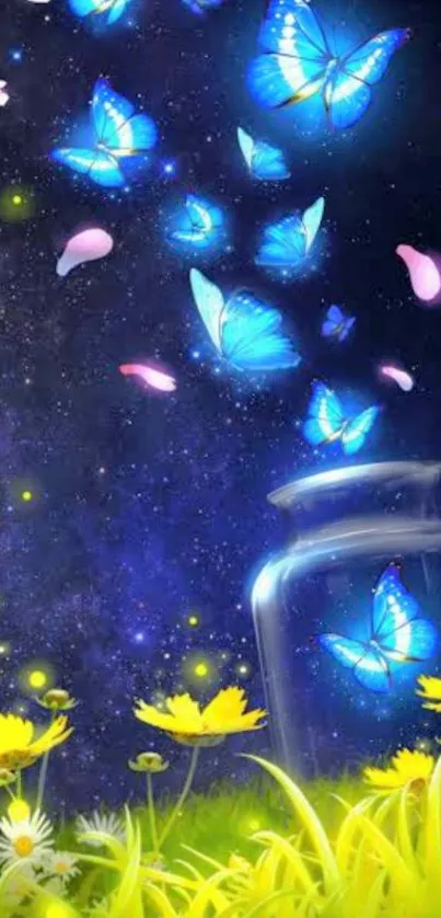 Blue butterflies glowing at night from a jar in a flower meadow.