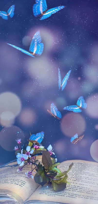 Magical blue butterflies flying over an open book with a dreamy background.