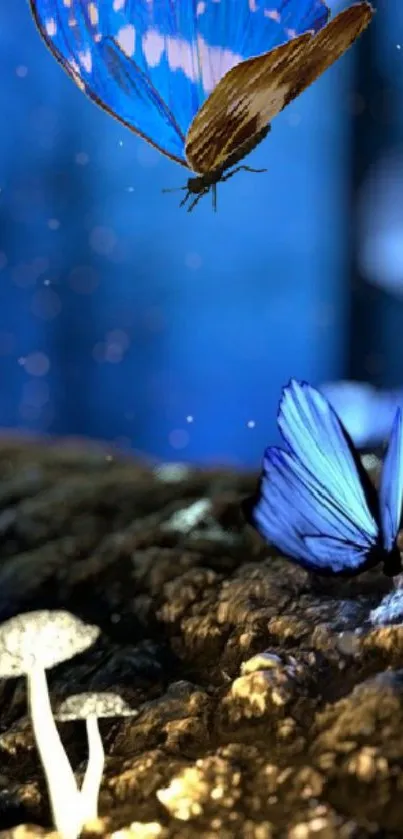 Blue butterfly with glowing mushrooms in a mystical forest scene.