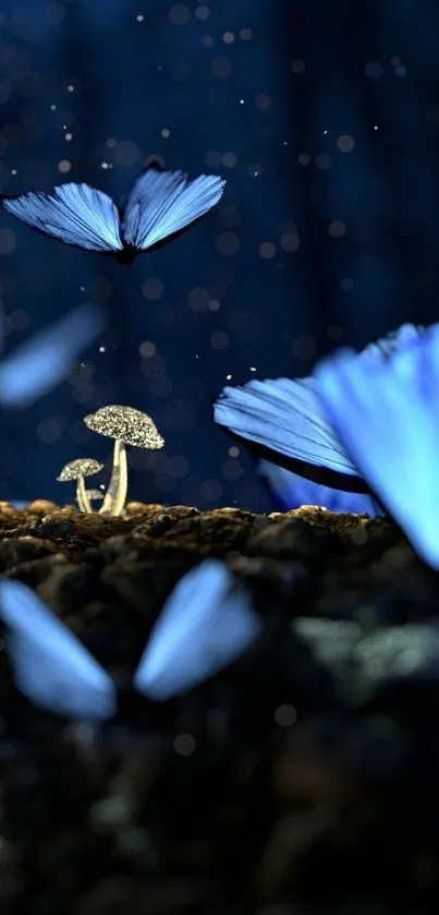 Blue butterflies fluttering around mushrooms in a mystical forest setting.