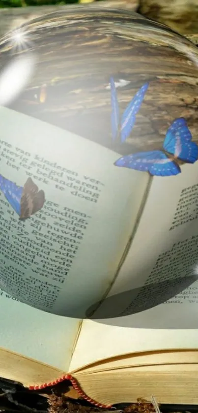 A vibrant blue butterfly on a book in a glass sphere.