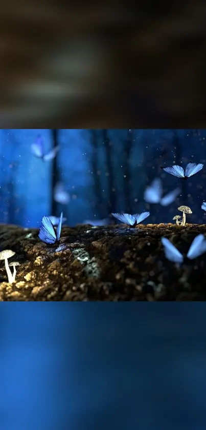 Mystical forest with luminous blue butterflies and glowing mushrooms at night.