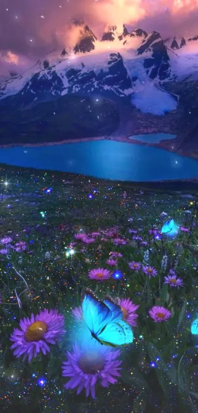 Magical mountain with blue butterflies and vibrant flowers.