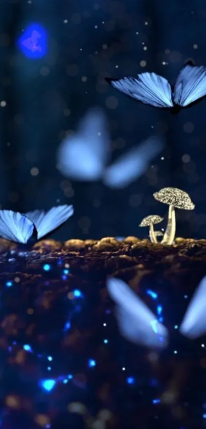 Enchanting blue butterflies flutter above glowing mushrooms in a mystical scene.