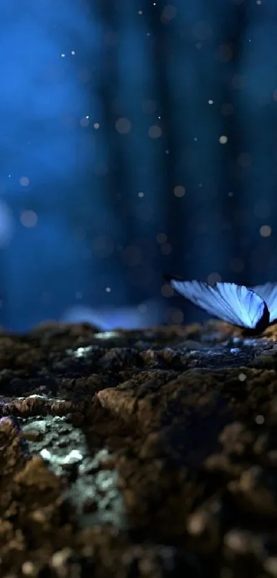 Blue butterflies resting on a mossy log in a mystical forest scene.