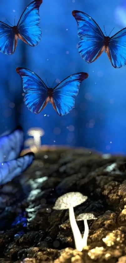 Enchanting blue butterflies on a mystical forest backdrop.