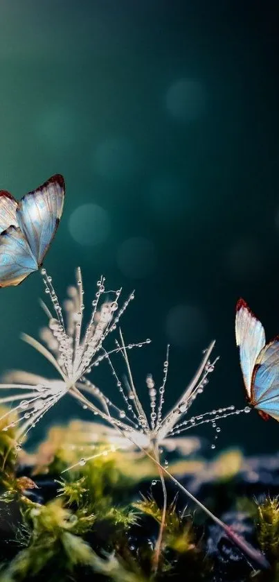 Two blue butterflies on delicate leaves with a teal background.