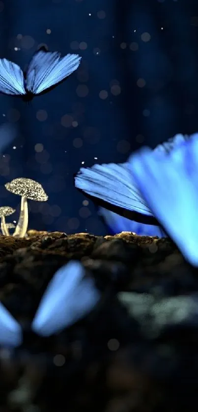 Blue butterflies flutter around glowing mushrooms in a serene fantasy setting.