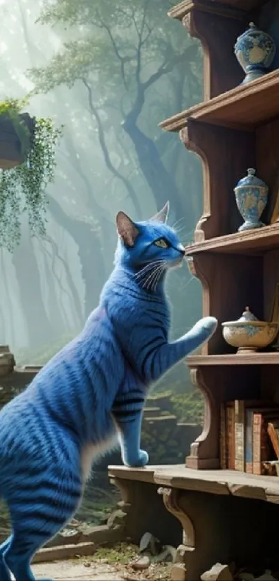 Blue cat exploring a vintage shelf in a magical forest.