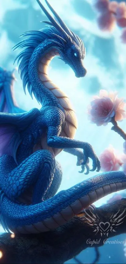 Majestic blue dragon perched by moonlit blossoms.