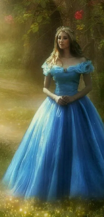 Princess in blue dress in mystical garden.