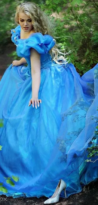 Woman in a blue dress walking through a lush green forest.