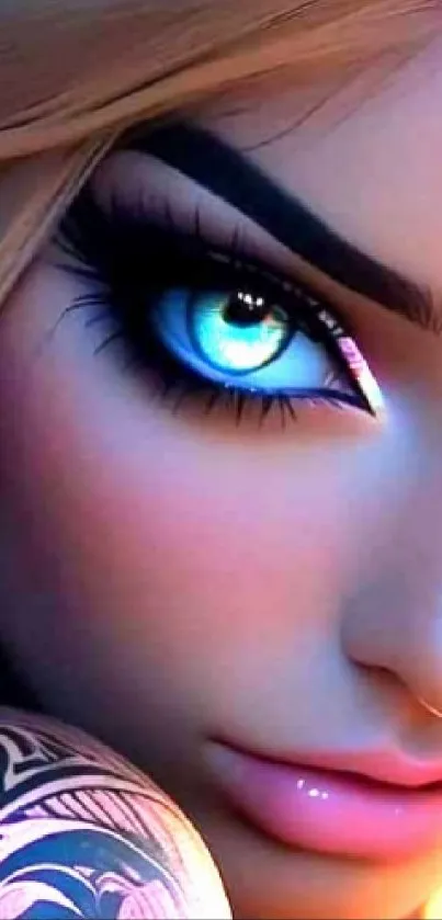 Close-up of a blue-eyed digital artwork in fantasy style.