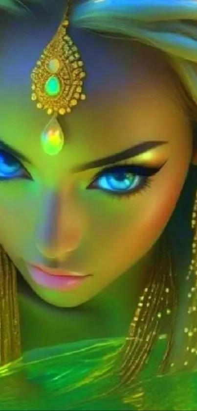 Mystical character with striking blue eyes and green-themed fantasy art.