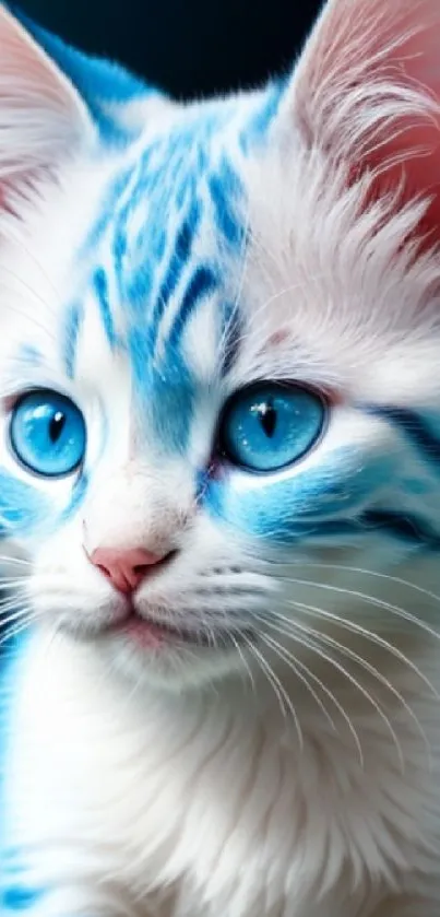 Cute blue-eyed kitten with unique fur patterns wallpaper.