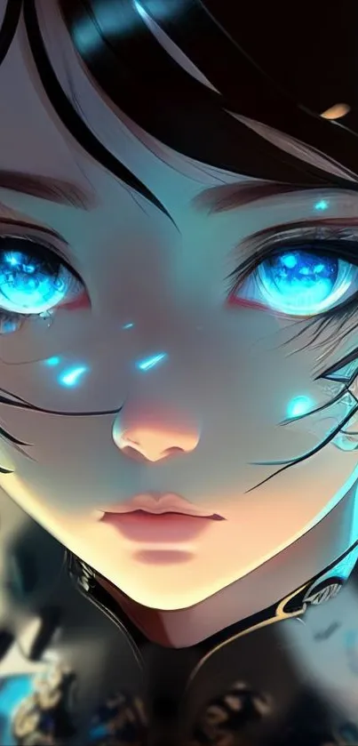 Anime character with bright blue eyes and glowing accents.