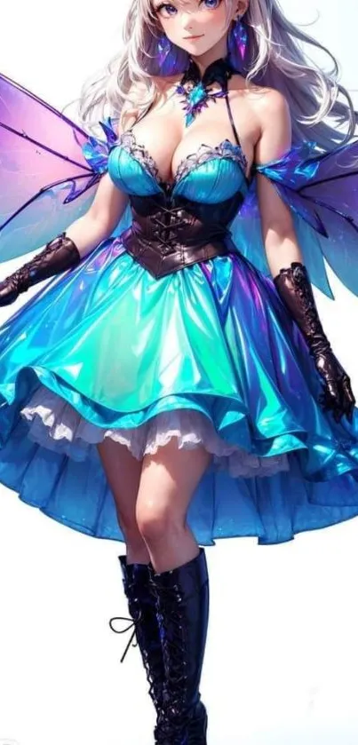 Blue fairy with wings and dress in magical art.