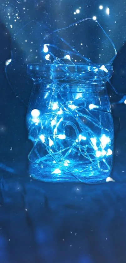 Jar filled with glowing blue fairy lights.