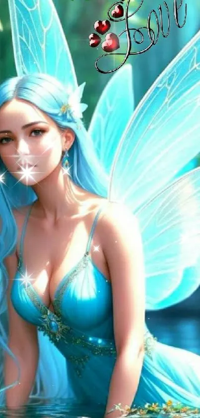 Blue fairy with wings in a mystical nature setting.