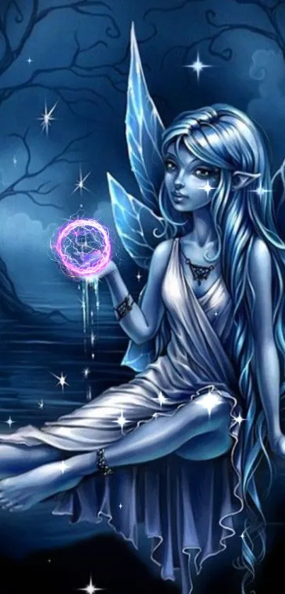 Blue fairy with glowing orb in a mystical forest.