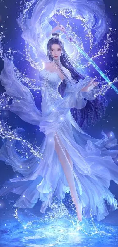 Mystical woman in blue flowing robes with water and light elements.