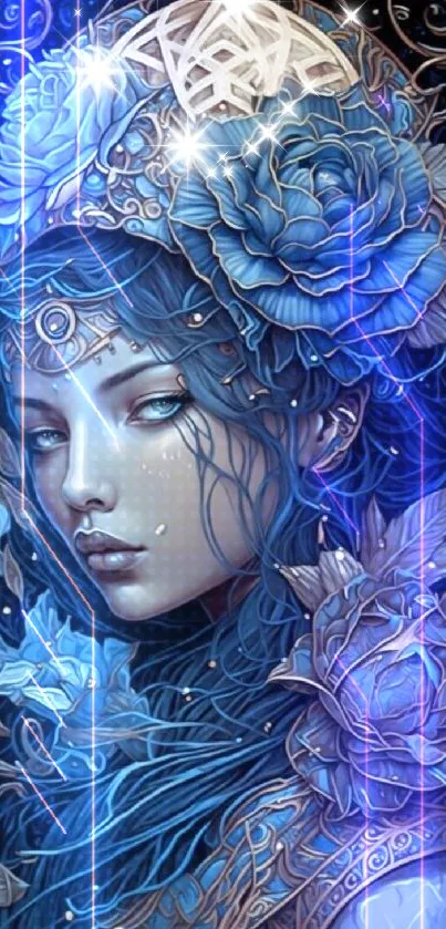 Enchanting blue fantasy woman with floral details and intricate patterns.