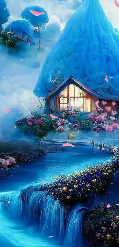 Whimsical blue cottage by the water, fantasy setting.