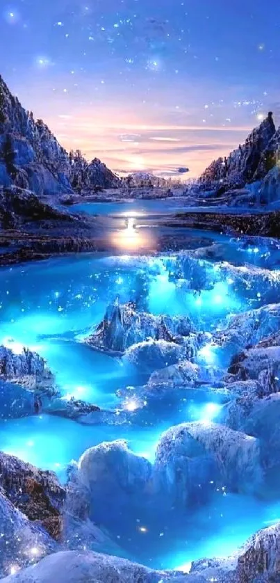 Enchanting blue fantasy landscape with glowing waters and twilight sky.