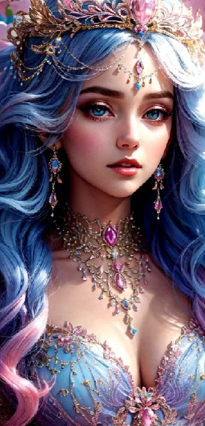 Fantasy princess with blue hair and floral background.