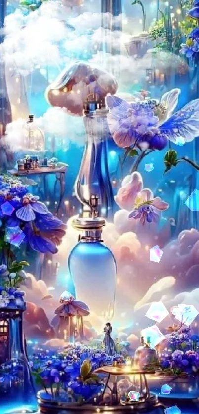 Blue fantasy wallpaper with glowing bottles and flowers.