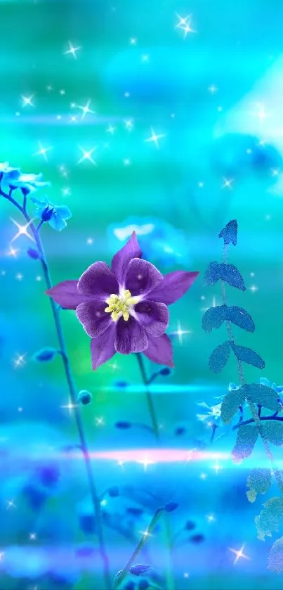 Enchanting blue floral wallpaper with sparkling effects.