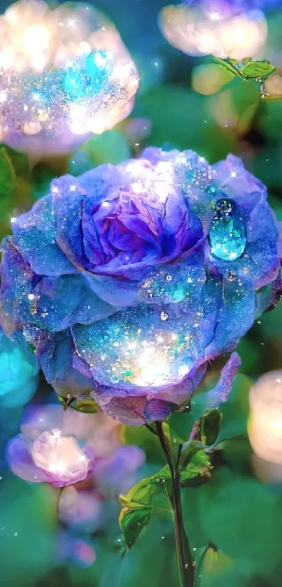 Glowing blue rose with sparkling petals in a fantasy garden.