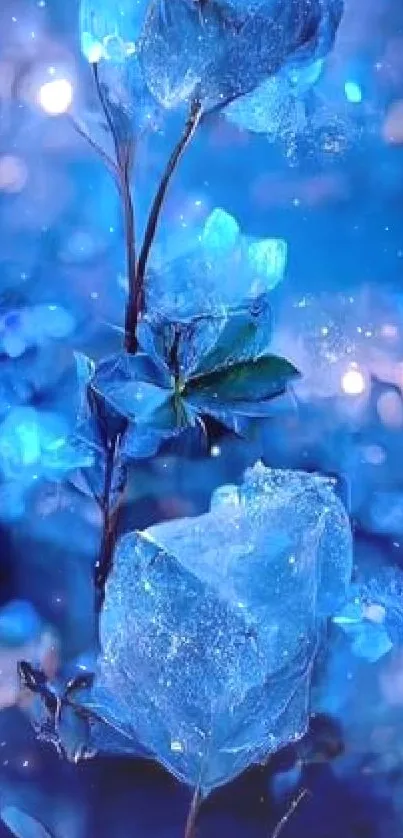 Enchanting blue flowers in a mystical forest with sparkling lights and serene ambiance.