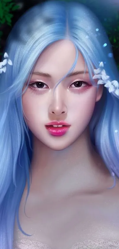 Digital artwork of a blue-haired woman with floral accent.