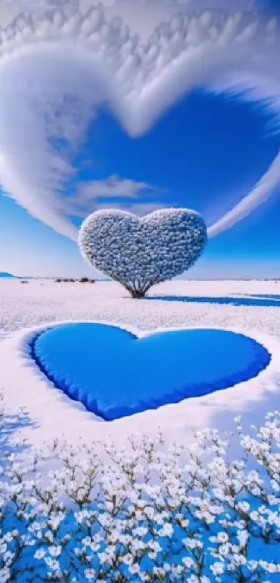 A blue heart-shaped tree and sky cloud with flowers in a serene landscape.