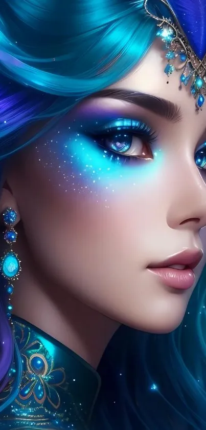 Beautiful fantasy portrait with blue hues and intricate jewelry.