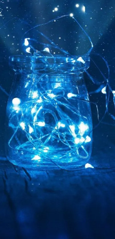 Jar of glowing blue string lights against a starry night backdrop.