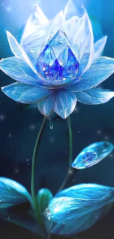 Ethereal blue lotus with dew drops, enchanting mobile wallpaper