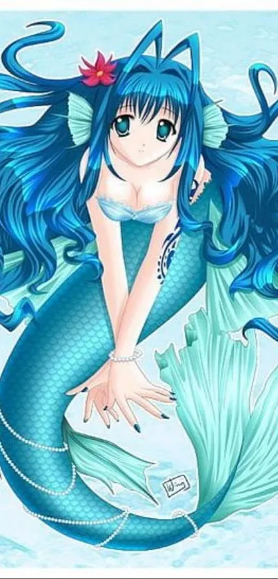 Anime mermaid illustration with blue hues and vibrant oceanic details.